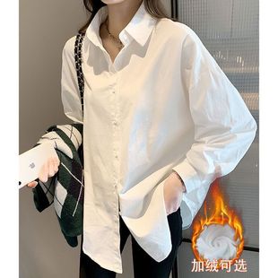 White Shirt Women's Inner Wear Autumn/Winter 2024 fleece-lined Small Men Stacked Foreign Style Top All-Match Long Sleeve Base Shirt