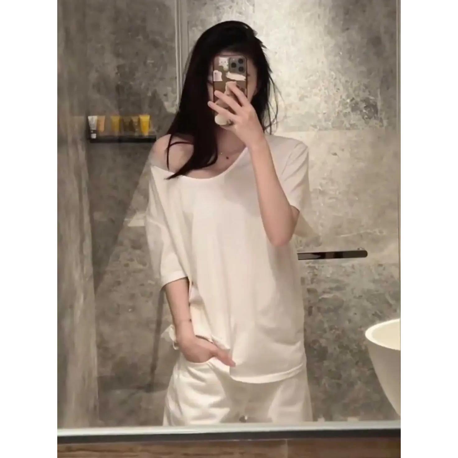 한국식 느슨한 게으른 반팔 화이트 티셔츠 여성용 대형 U-칼라 베이스 셔츠 여름 얇은 슬리밍 솔리드 컬러 올 매치 탑