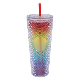 Cross-border explosions double-layer plastic suction tube cup large capacity high color value diamond cup color gradient rainbow cup durian cup wholesale