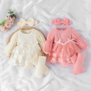 Infant Children's Wear Korean Cross-border Autumn Waffle Lantern Sleeve Mesh Hayi Opening Foot Socks Headdress