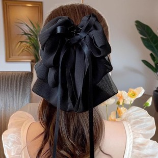 Black Gauze Bow Grab Clip Back Head Shark Clip Large Hair Feather Hair Clip 2024 New Women