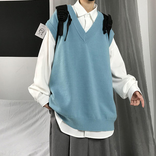 Hong Kong Style Sweater Vest Men's Spring and Autumn Korean Style Loose Sleeveless Jacket All-match Trendy Brand Ins Knitted Vest Waistcoat