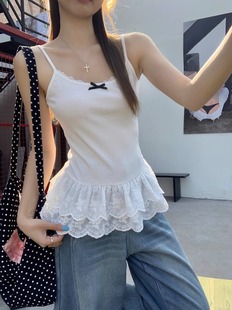 White Bow Camisole Women's Early Spring and Summer Lace Hem Slim Fit Stacked Inner Base Top