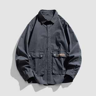 2024 spring new men's Japanese retro washed lapel simple all-match workwear casual multi-bag shirt jacket