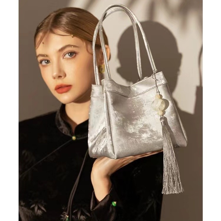2026 Chinese Style New Chinese Bag, Basket Bag, Bucket Bag, Satin Shoulder Bag, Crossbody Bag, Silver Handbag for Women