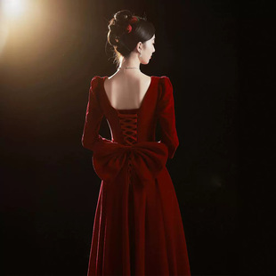 Toast Dress Bride 2023 New Engagement Wedding Style Red Velvet Long Sleeve Dress Women's Summer
