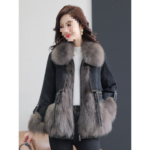2023 Winter New Faux Fox Fur Stitching Denim Thickened Parker High-end Slimming Vintage Leather Jacket for Women