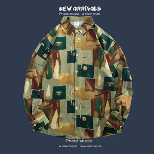Hong Kong style vintage retro floral shirt men and women loose trendy versatile lazy style couple long sleeve shirt jacket