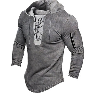 2025 Foreign Trade Men's Pullover Hooded Sweatshirt Solid Color Lace-up Sports Leisure Spring and Autumn Clothing Clothing Hooded