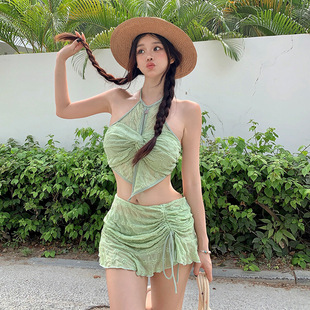 Summer New Holiday Style Split Swimsuit Pure White Sexy Neck-hanging Mesh Yarn Drawstring Skirt Slim Bikini