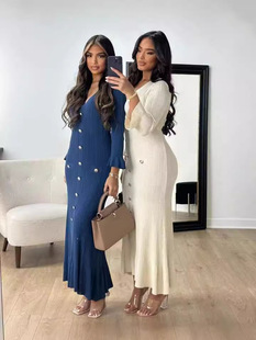 Cross-border European and American 2024 Autumn and Winter Fashion Long Slim Fit Knitted Long-sleeved Dress