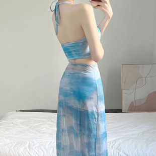 New Island Vacation One-Piece Long Skirt Swimsuit for Women, Halter Neck, Tube Top, Three-Dimensional Flowers, Sexy Slim Fit, Covering Legs and Slimming