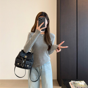 Soft Waxy Muscle Bottom T Soft Waxy Wool Tencel Acetate Long Sleeve Inner Base Shirt Shoulder Slimming T-shirt Top Women's 1330