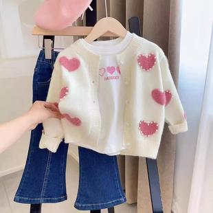 Ningli Korean style western style spring and autumn baby girl's love cardigan sweater bottoming shirt jeans three-piece set children's suit
