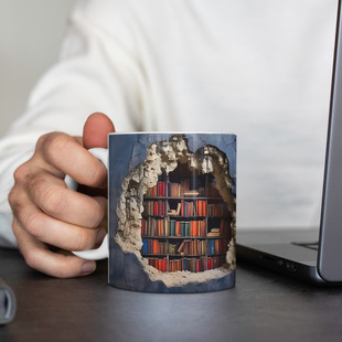 3D effect bookshelf ceramic mug creative design 350ml white coffee water cup gift for readers
