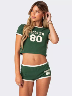 European and American Summer New 2024 Women's Short-sleeved Round Neck Casual Letter Printing Simple Style T-shirt Shorts suit
