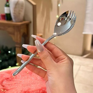 Stainless Steel Salad Spoon Watermelon Spoon Noodle Artifact Creative Spoon and Fork Integrated Western Food Spaghetti Fork Dessert Cake Fork