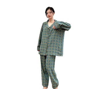 Guofeng pajamas women's plus size 200kg chubby girl cotton cardigan long sleeve two-piece suit cotton gauze home clothing autumn