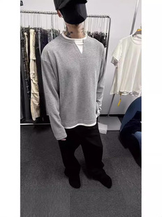 Simple Fake Two-piece Contrast Color Stitching Long-sleeved T-shirt Men's and Women's Waffle Design Sense Loose Casual Couple's Top Trendy