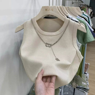 Chic Knitted Striped Camisole Summer Beautiful Back French Base Short Top for Outer Wear with Small Suit Inner