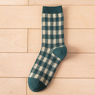 Socks Women's Spring and Autumn Mid-length Stockings Double Needle Double Road Japanese Style Vintage Stacked Stockings Rhombic Curry Color High Waist Autumn and Winter New