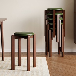 Solid Wood Stool Household Stackable Dining Table Stool Wood Bench Simple Modern Round Stool Soft Bag Sitting Stool Restaurant High Stool