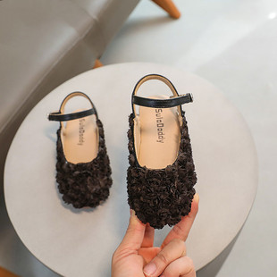 Fashionable girls' leather shoes 2024 spring Korean style fashionable princess flower closed toe half sandals campus performance single-layer shoes fashion