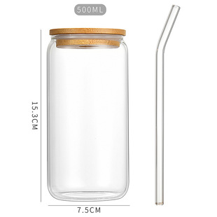 High Borosilicate Glass Bamboo Lid Single Layer Juice Cup with Straw Transparent Glass Coke Cup Large Capacity Single Layer Cup