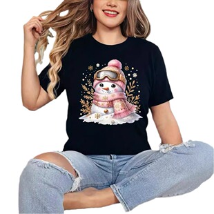 in stock 2024 Amazon TEMU New Cute Snowman Winter T-Shirt Fashion Casual Short Sleeve Top