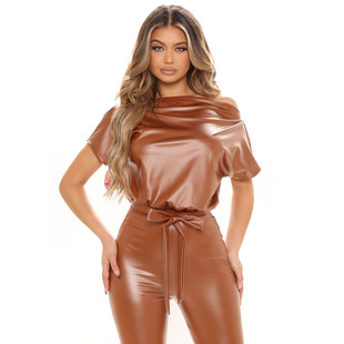 European and American Women's New Amazon Stretch Sexy Fashion PU Leather Pants Tight Waist Slant Shoulder Lace-up Jumpsuit