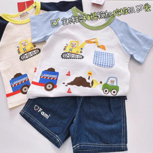 2025 Summer Kidsren's Cotton Short Excavator Patch Printed Boys and Girls Baby Short-Sleeved 95 Cotton T-Shirt