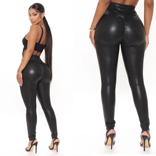 AliExpress wish Explosive Imitation Leather Pleated Ankle-length Pants High Elastic Slimming Yoga Pants Sports Running Pants