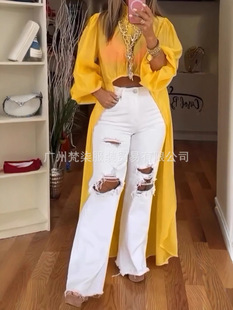 Europe and the United States cross-border 2025 summer Amazon AliExpress loose casual pile sleeve high collar front short back long top women