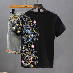 Summer New trendy Brand Chinese Style Carp Ethnic Style Embroider Personalized Loose Short-sleeved t-shirt Men's Casual top