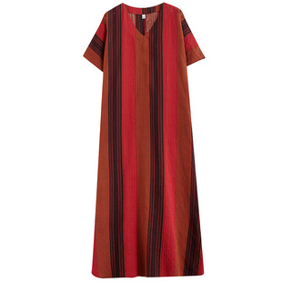 2025 Summer New Cotton and Linen Printed V-neck Loose plus size Simple Holiday Style Long Dress plus size dress