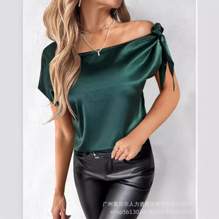 Foreign trade 2024 women's shoulder lace-up asymmetric neckline satin top JCK0043