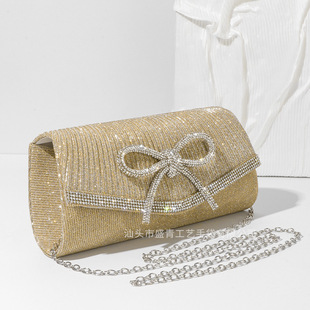 2025 Cross-border New Diamond Evening Bag European and American Exquisite Full Diamond Bow Handbag Small Chanel Style Chain Bag