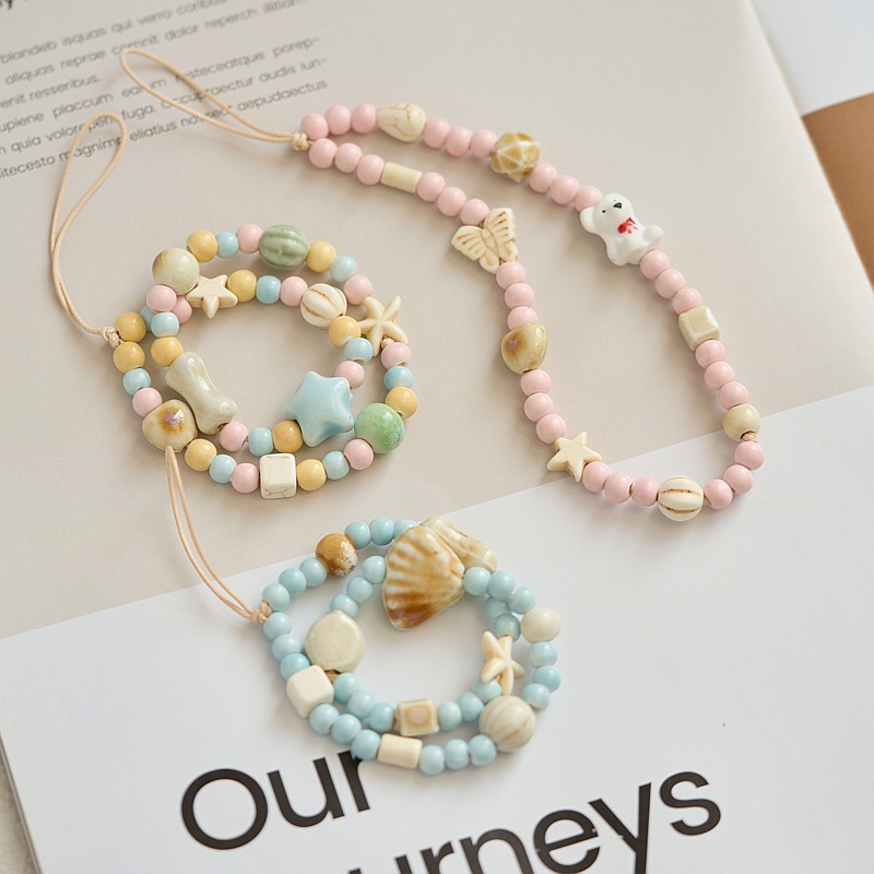 New Candy Color Cartoon Bear Mobile Phone Chain Diy Mobile Phone Case Hanging Chain Lanyard Square Plaid Ceramic Mobile Phone Chain