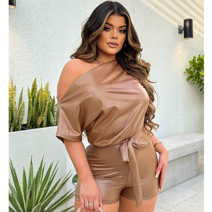 Spot! 2022 Amazon Women's European and American Summer New Fashion pu Slant Shoulder One-piece Shorts with Belt