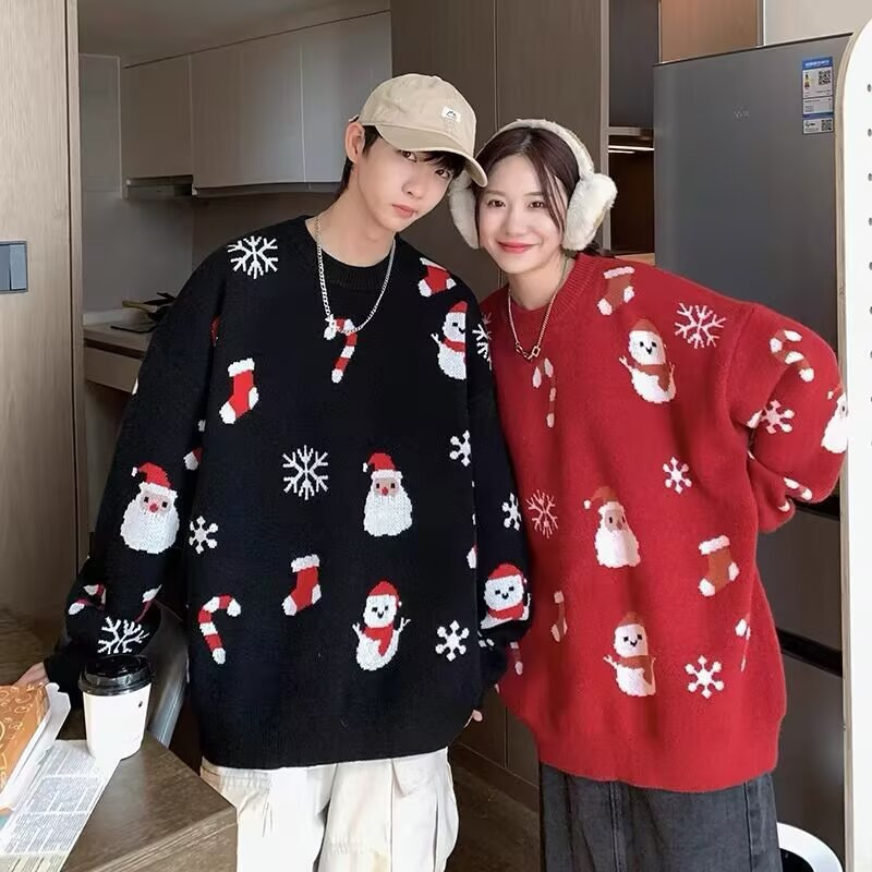 Cross-Border Red Christmas Theme Knitwear Men's Autumn and Winter Lazy Round Neck Knitwear Oversize Couple Jacket
