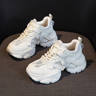Genuine Leather Thick-soled Torre Shoes Women's 2024 Summer New All-match Height-increasing Breathable Mesh White Shoes Sports Casual Shoes