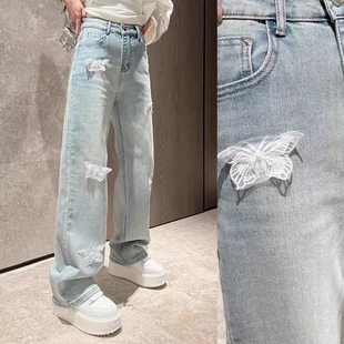 2024 Summer New Arrival Heavy Industry Butterfly Embroidery All-Match Narrow Straight Slim Jeans for Women