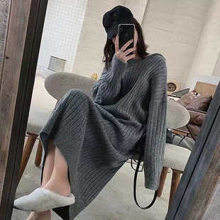Hooded dress long hoodie over the knee Korean style lazy style knitted dress mid-length casual sweater bottoming skirt
