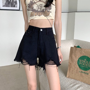 Amazon raw edge denim shorts women's summer 2023 new Korean style loose black ripped hot girls wide leg pants