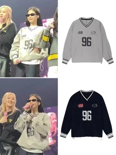 jennie Like Top nieeh Printed Embroidered Baseball Suit Sense Jersey V-Neck Sweatshirt for Girls