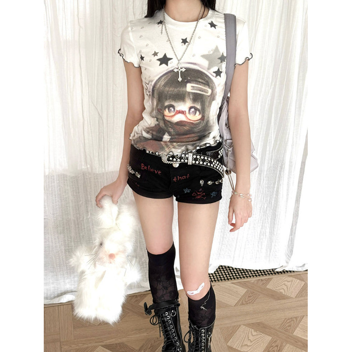[260g Rayon Modal] Printed Fungus Short-Sleeved T-Shirt Women's Slim Short Top White American Style