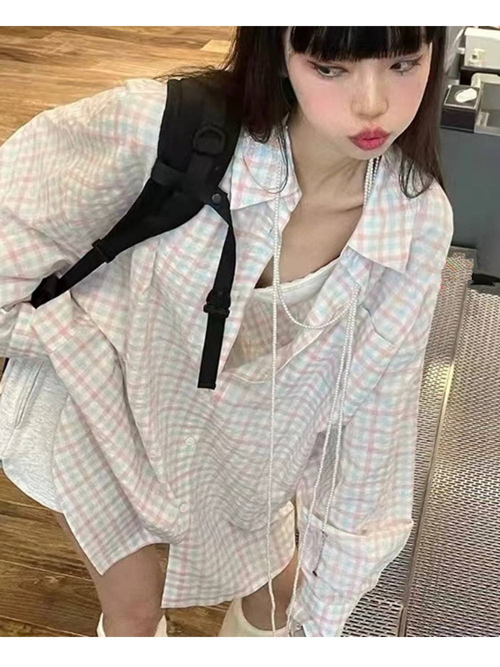 자외선 차단 체크무늬 셔츠 여성용 얇은 여름 신상품 한국 스타일 루즈핏 중간 길이 긴팔 셔츠 재킷 상의