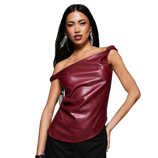 Q24TP615 foreign trade European and American style women's clothing 2024 new leather oblique shoulder personality fashion irregular sleeveless top