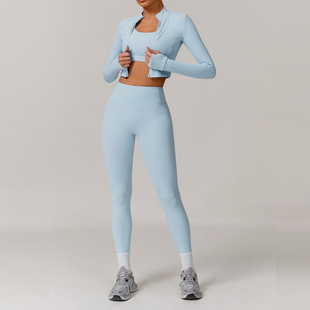 Outdoor Cloud-Sense Sports Yoga Clothing Set, Tight-Fitting Nude Fitness Clothing, Shock-Proof High-Waisted Yoga Clothing Three-Piece Set 8047