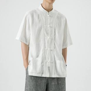 2023 linen shirt summer new Chinese style men's retro trendy short sleeve Tang suit casual buckle top men